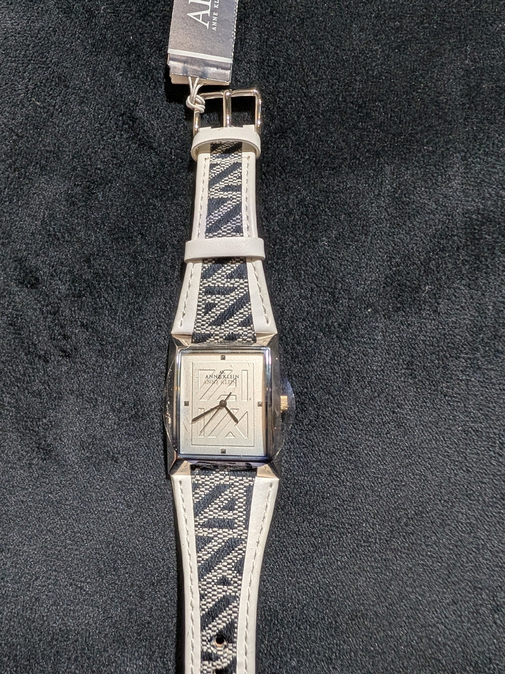 Anne Klein Women’s Square Silver Analog Watch Untested White/Black Leather Strap